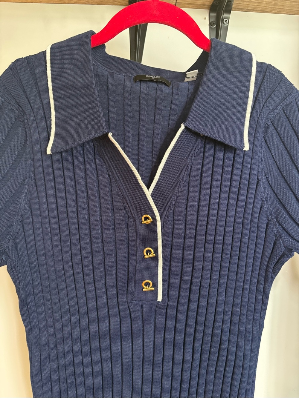 Tahari Navy Ribbed Polo with Contrast Trim